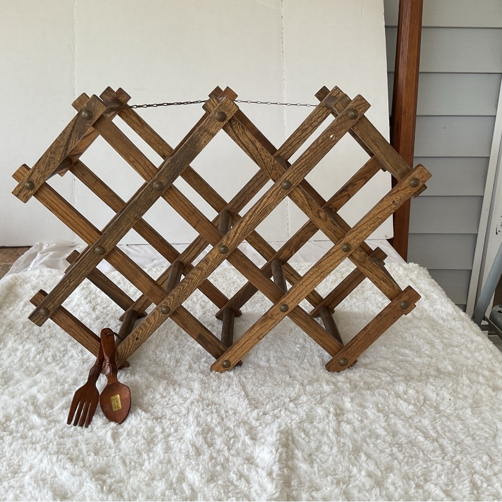 Vintage Accordion Wine Rack with wooden spoon and fork
